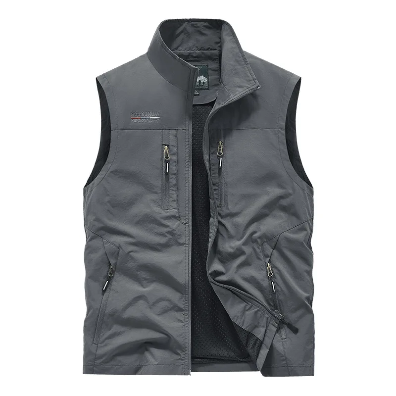 Spring Autumn Multi Pocket Vest Man 6XL large size Stand Collar Work Vest Outdoor Casual Photography Fishing Waistcoats For Man
