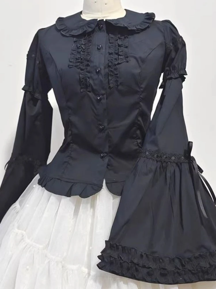Blusa con cuello Peter Pan de Lolita para mujer, camisa Jk Kawaii, parche de encaje japonés, manga larga desmontable, Blusas estéticas Y2k con volantes
