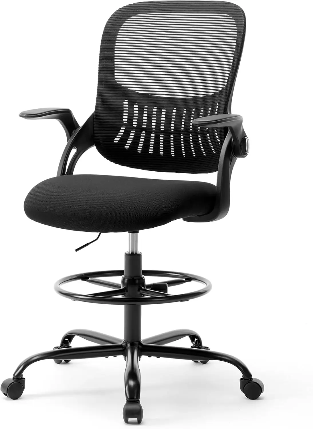 Ergonomic Drafting Chair with Flip-up Arms, Tall Office Standing Desk Chair, 360° Rolling Mesh Computer Chair, New Black