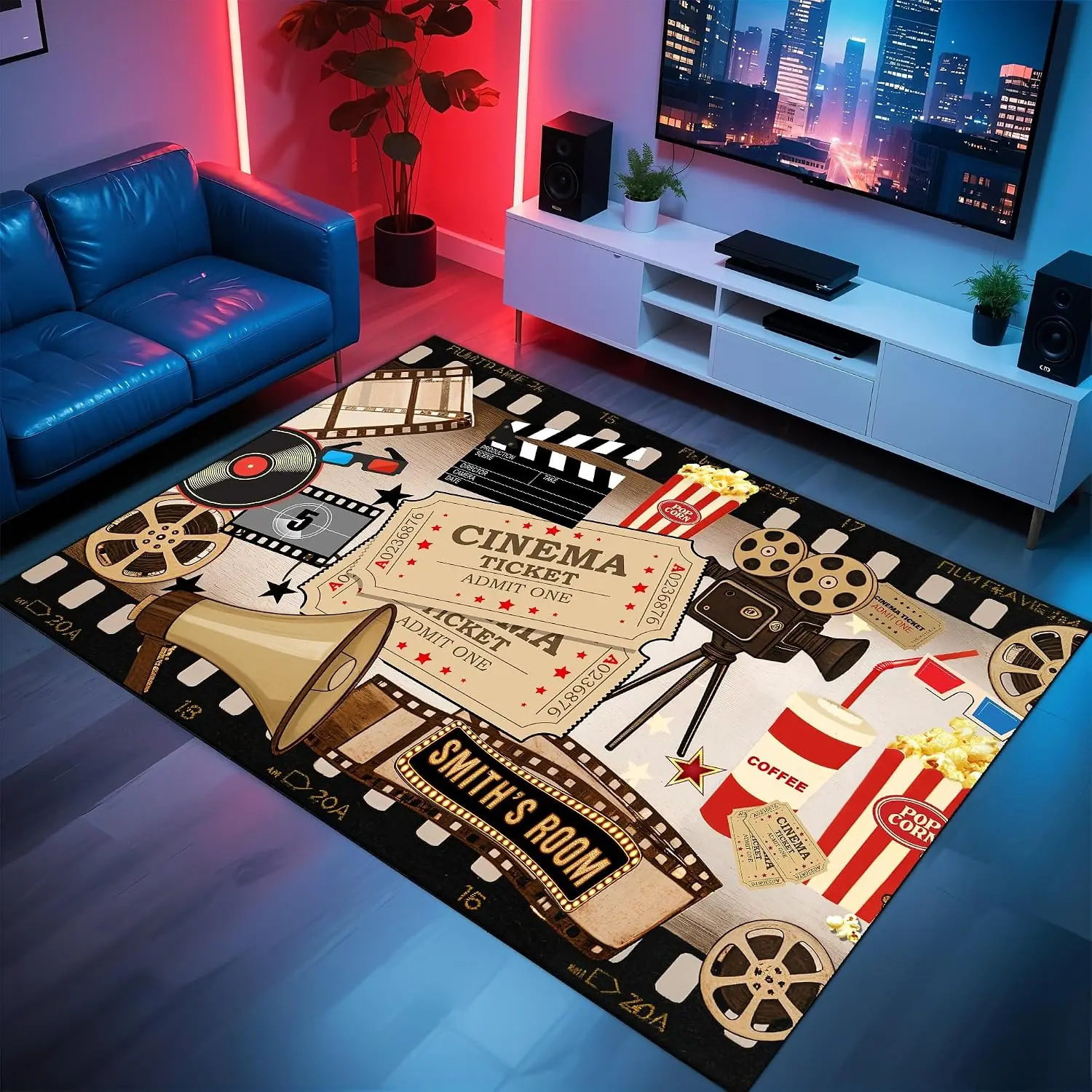 Personalized Name Cinema Carpet, Soft Non-Slip Rug for Home Theater Media Room, Exclusive Movie Night Decor Floor Mat