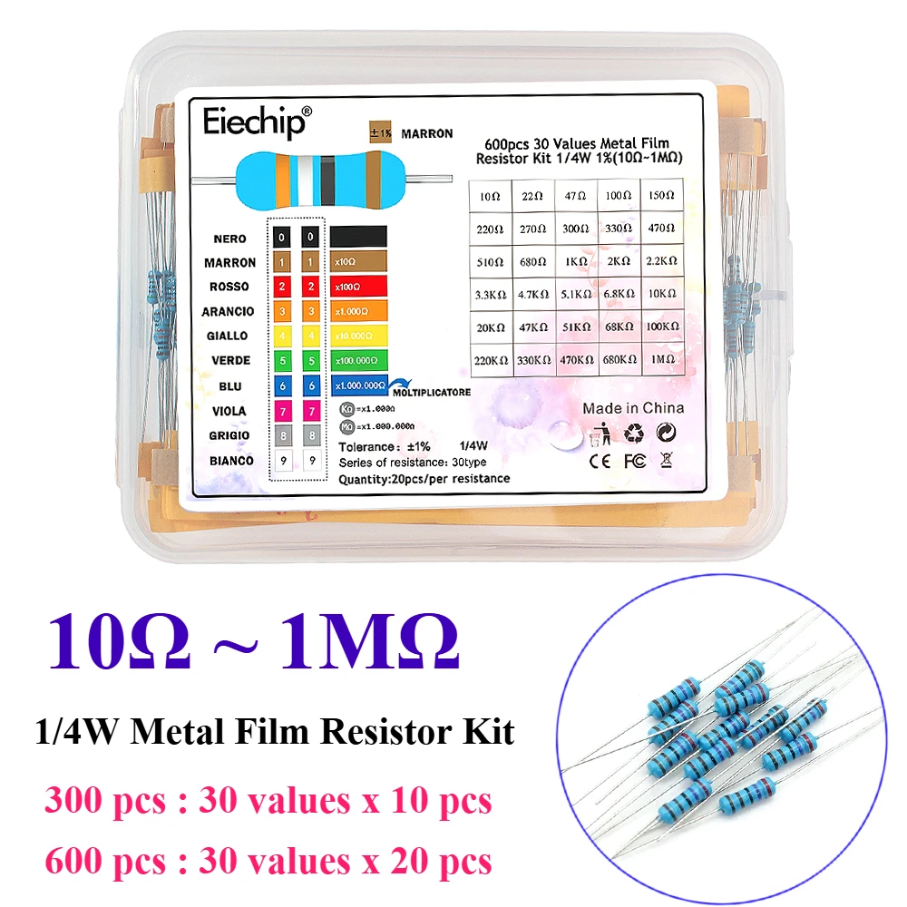 300/600PCS 1/4W Metal Film Resistor kit 1% 30 values 0.25W Resistors Kit 10Ω~1MΩ colored ring resistance Electronic Kit