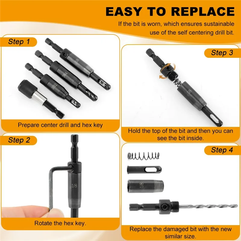 

BYBS-Self Centering Drill Bits Set 3/32", 7/64", 1/8" Self-Centering Hinge Drill Bit For 1/4 In Centering Hinge Drill Bit