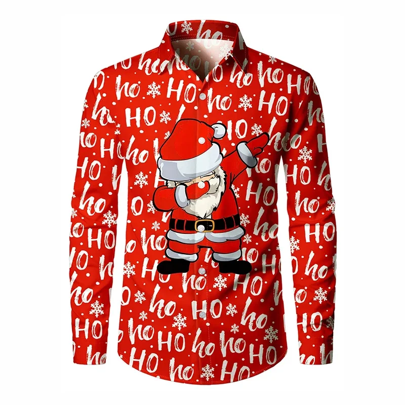 Men  Xmas Long Sleeve Button‑Up Shirt 3D Santa Reindeer Gingerbread Print Festival Holiday Streetwear Casual Dress Shirts