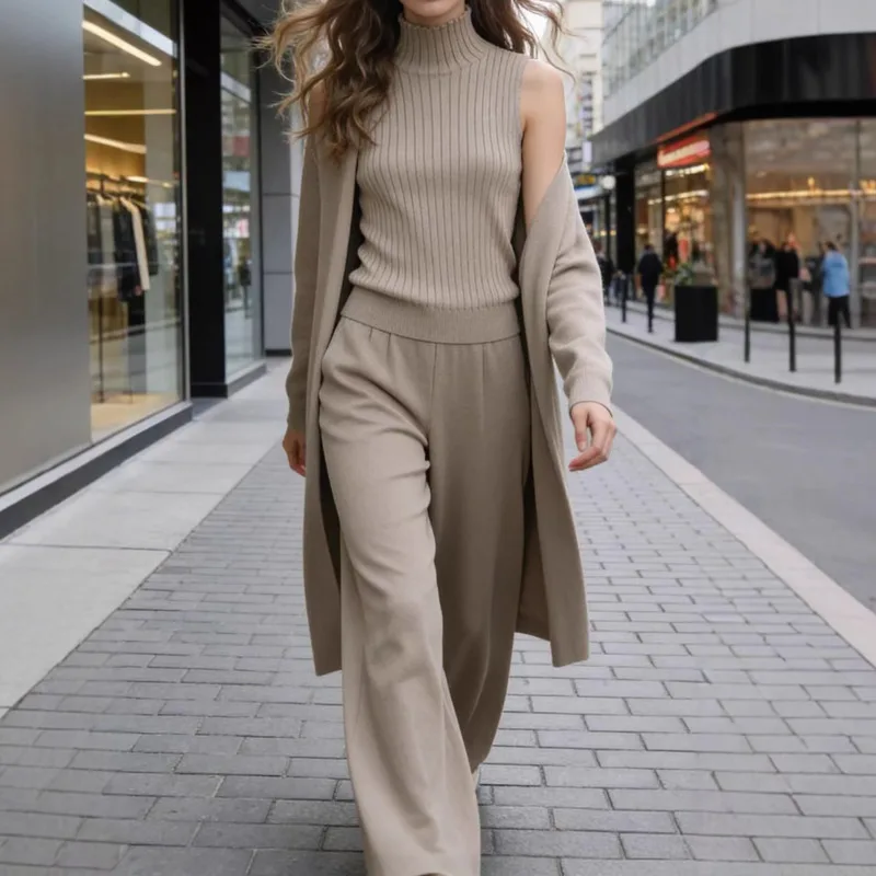 

Solid Color Knitted Three Piece Set Women Sleeveless Vest Long Sweater Cardigan Pants Elegant Fashionable Daily Casual Commuting