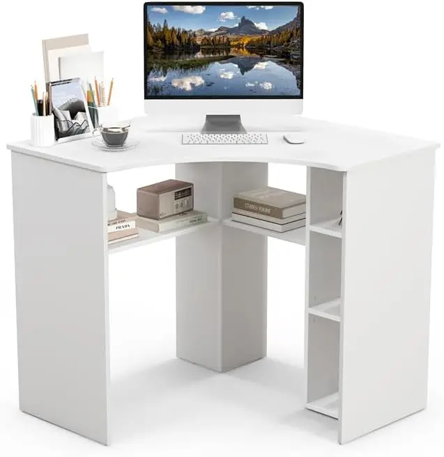 

Compact Vanity Desk with Storage L-Shaped Corner Computer Desk Space-Saving Solution White Modern Furniture