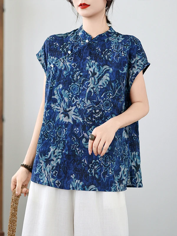 

New Chinese Sle Summer Blue And White Porcelain ort Sve irt Stand Collar Slimming Top Ladylike Commute Faion