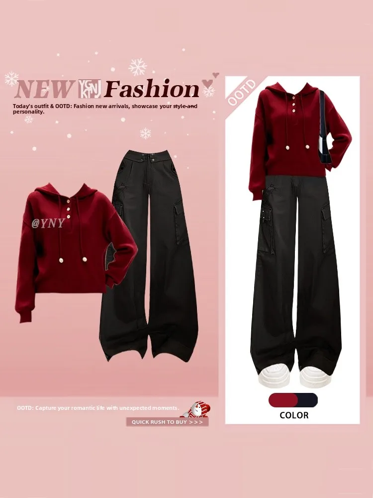 

Модный вязаный комплект с капюшоном, красный, осенне-зимний, новый стиль, очень привлекательный, из двух предметов, женская одежда, роскошный стиль