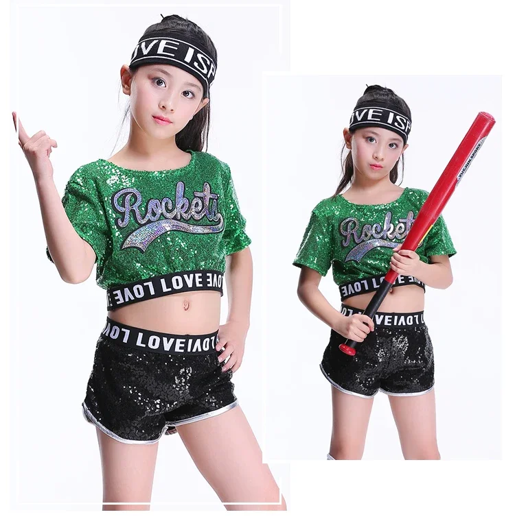 New Children's Jazz Dance Modern Cheerleading Costumes Hip Hop Boy Girls Crop Top And Pants Sequins Performance Clothing Set