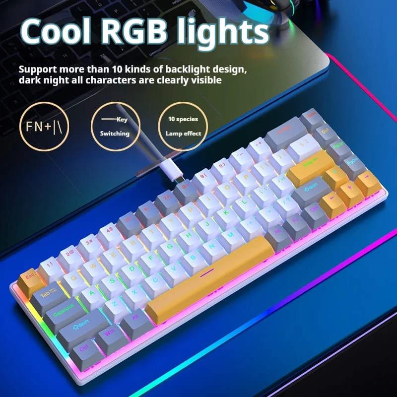 K68 Wired Keyboard 68-Key Mechanical Game Rgb Light Effect Waterproof Dustproof Abs Color Matching Keycap Notebook Computers.