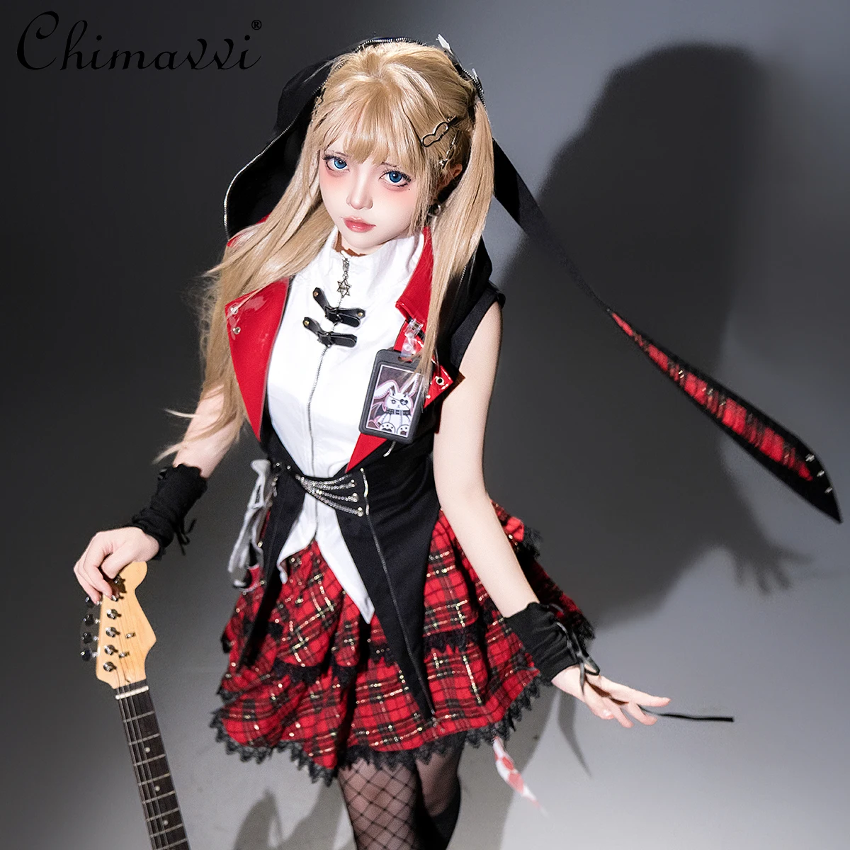 

Original Lolita Gothic Style Sweet Cool Girl Light Half Skirt Set Dark Punk Red Plaid Stage Outfit Jacket Top High-waist Skirt