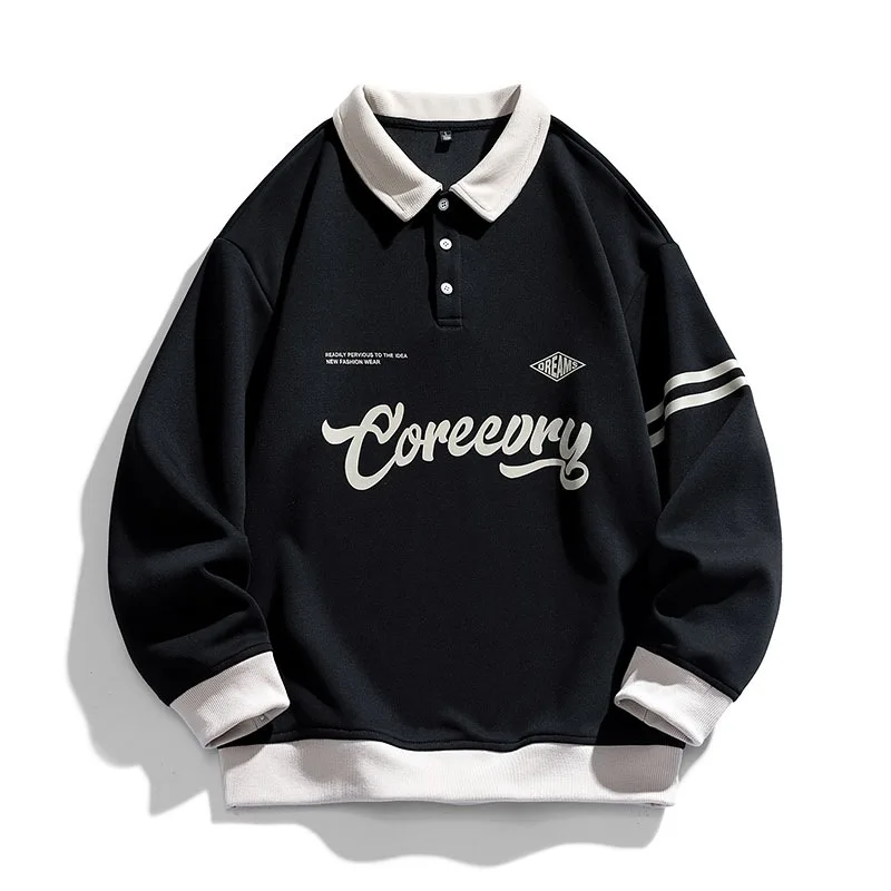 Men\'s Sweatshirts American Vintage Polo Shirt Men Preppy Lapel Couple Pullover Tops Street Color Matching Print Blockcore Jersey