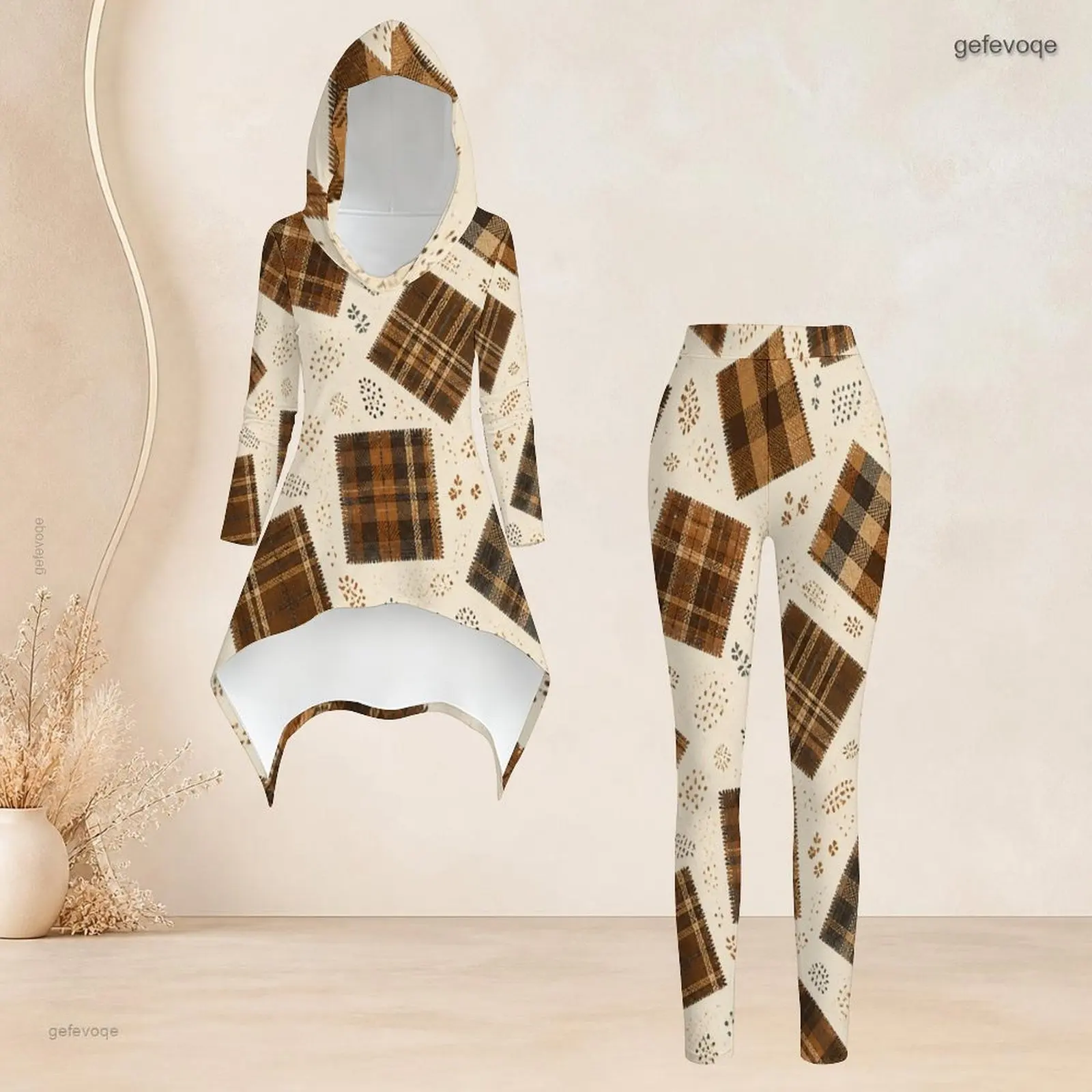Women Printed Hooded Long Sleeve High Low Top and Fitted Leggings Two Piece Set, Brown Plaid Patches Cream Base