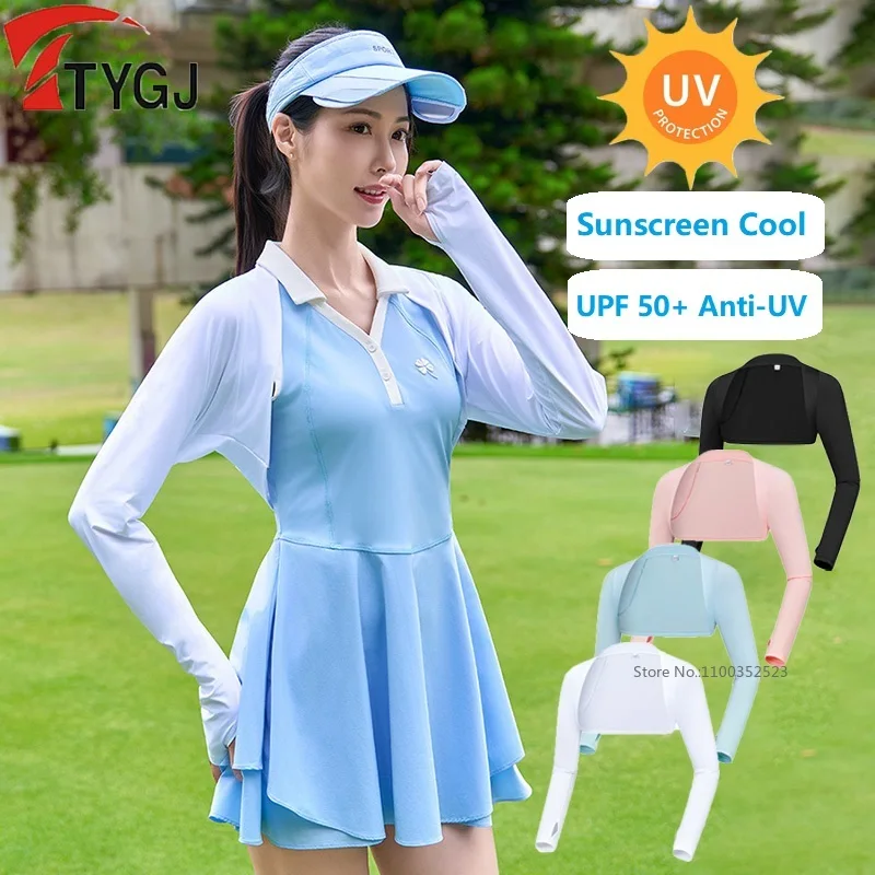 TTYGJ Summer Sunscreen Shawl Women Arm Sleeves Outdoor Cycling Anti-UV Crop Tops Versatile Fashion Golf Shirt Cooling Ice Silk
