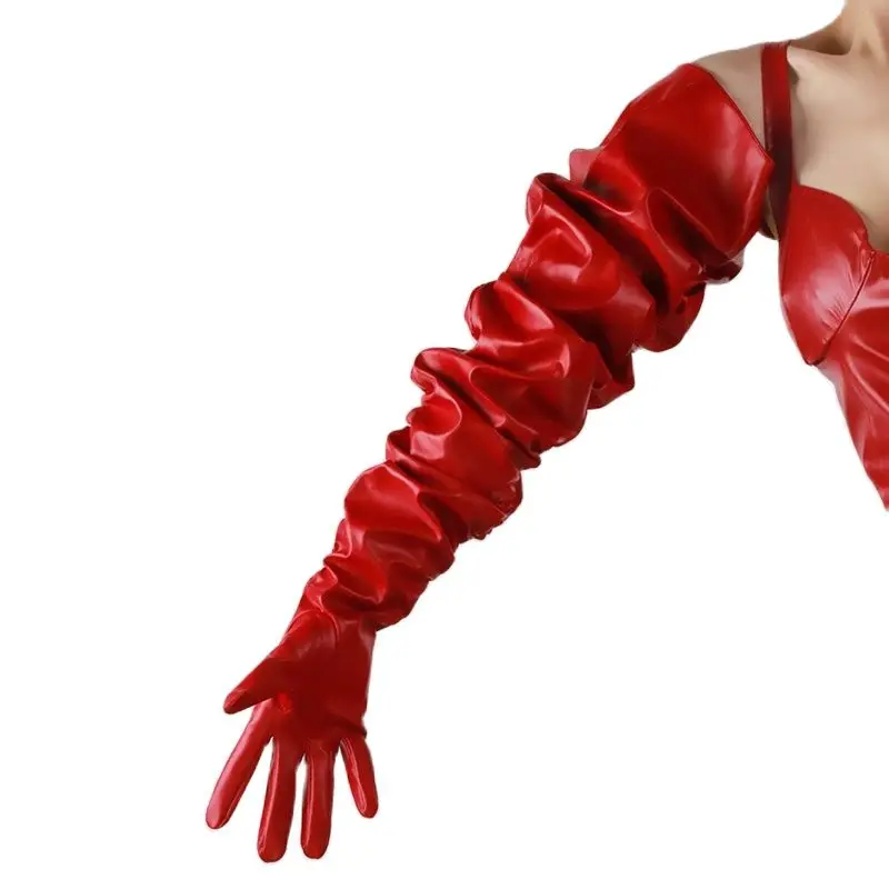 Extra Long Leather Gloves Female 100cm Big Sleeve Loose Pile Up Sleeves Folds Matte Red Faux Leather Women PU Gloves Man HPU87