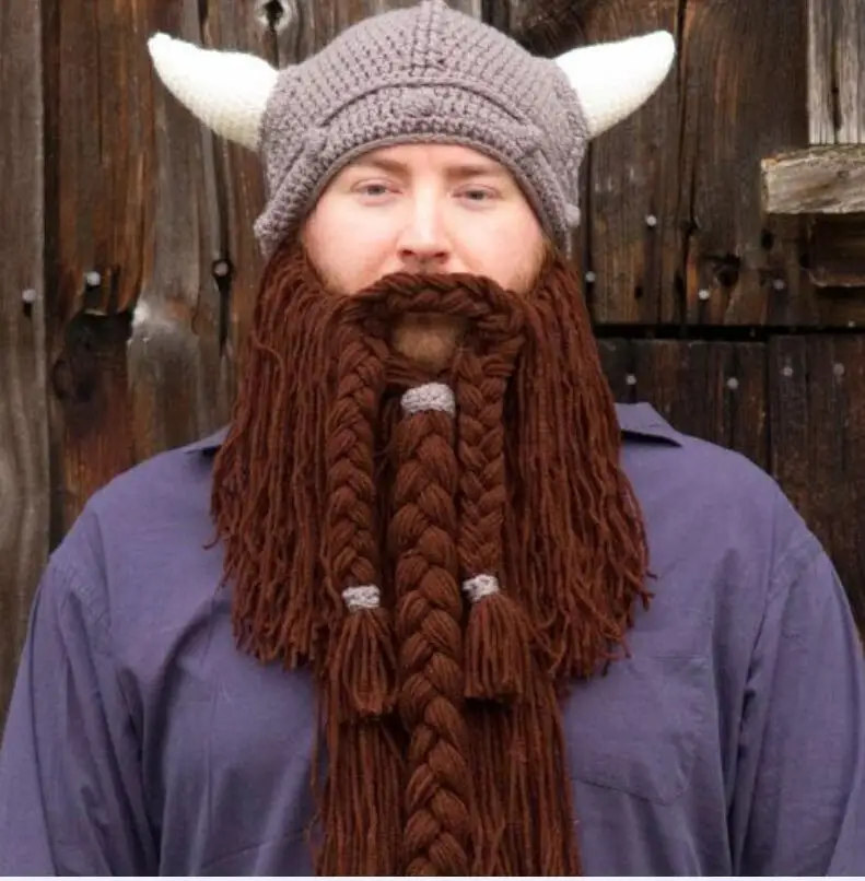 Personalized Viking hat, bearded hat with braided hair, handmade wool knitted horned hat for Christmas