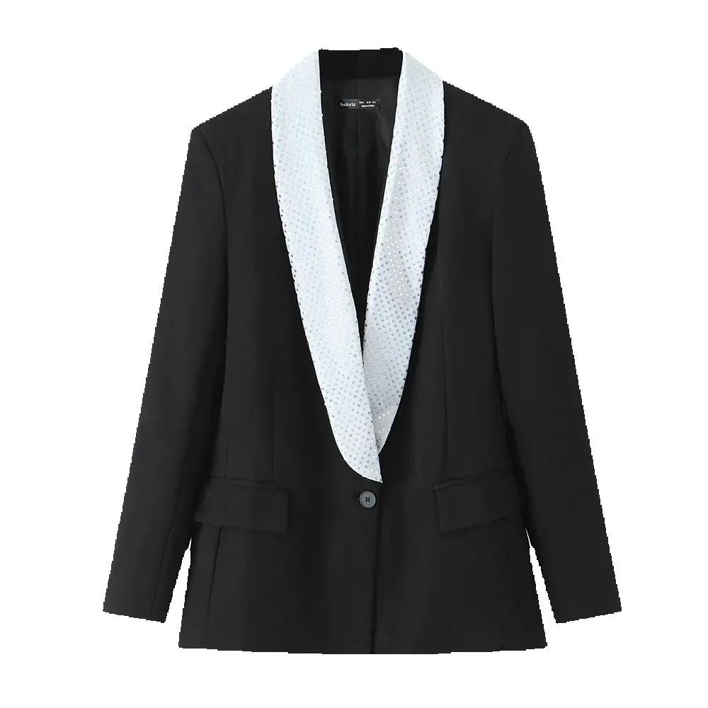 

European and American women's autumn clothing, sequin decoration, contrasting color, one button suit jacket, women's suit