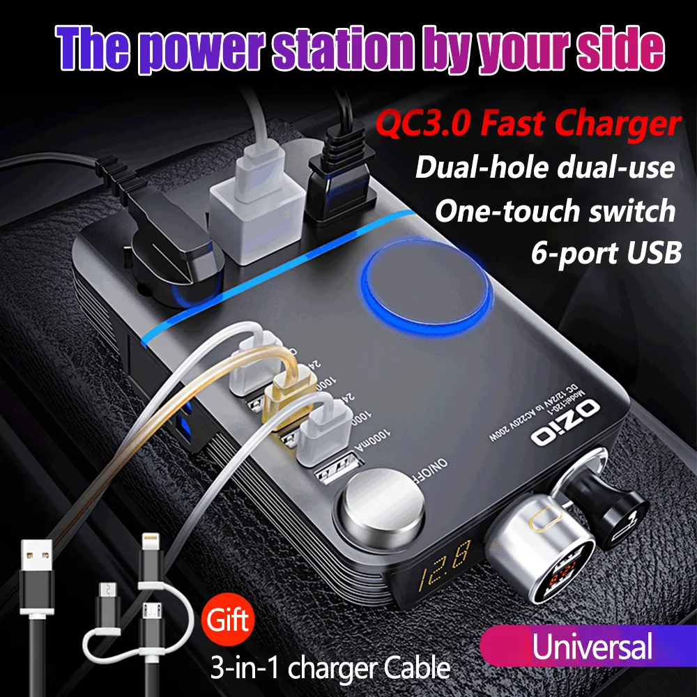 Top Car Inverter DC 12V/24V To 220V Power Converter Multi-function Socket Charger 5USB Type C QC3.0 Fast Charge Auto Accessories