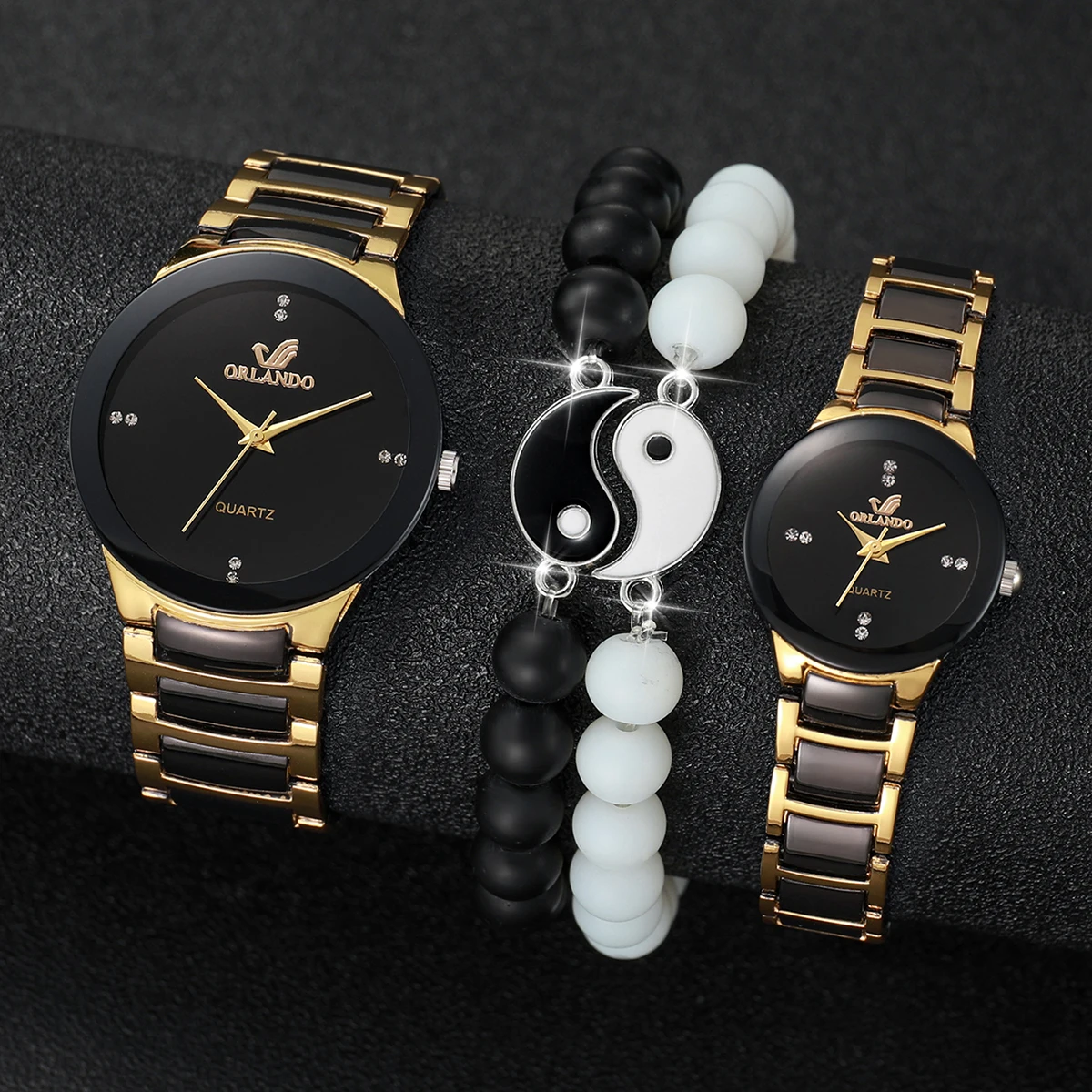 Nail scale couple watch fashion trend business men's British style steel band quartz watch+yin-yang bracelet
