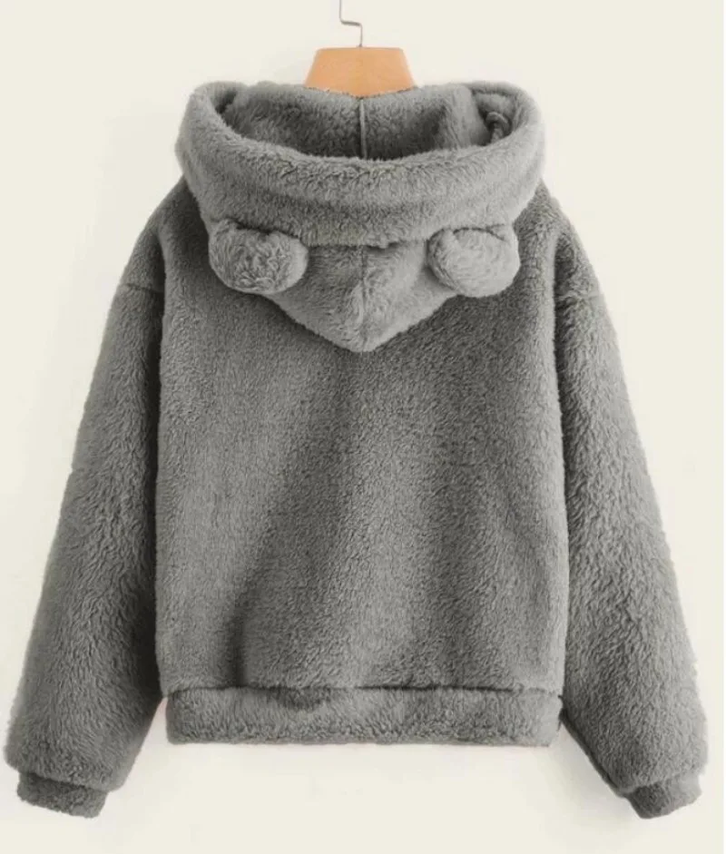 Fleece Warm Sweatshirts Women Solid Cute Bear Ear Hoodies Long Sleeve Fleece Warm Sweatshirt Korean Fashion Streetwear Hoodie