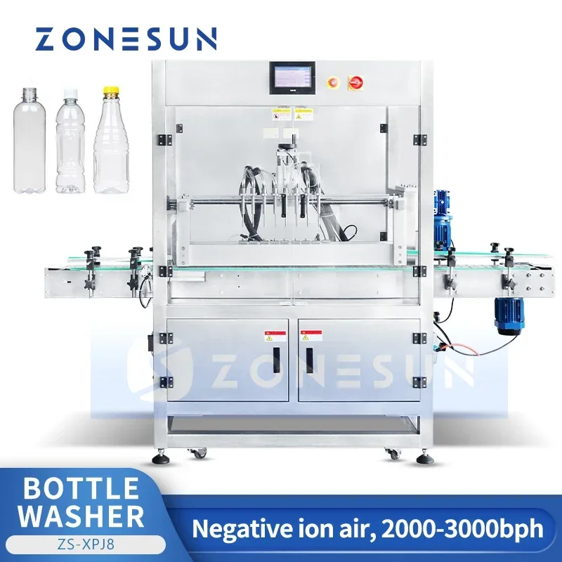 ZONESUN ZS-XPJ8 Máquina automática de enjuague de botellas de aniones Línea de producción de limpieza de lavado de tarros de plástico de vidrio de 8 cabezales