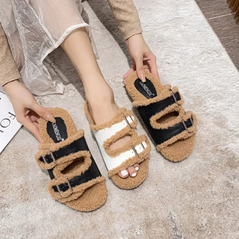 Women\'s Platform Slippers Fashion Outside Double Button Plush Slippers Women Winter Belt Buckle Slippers Chanclas Mujer