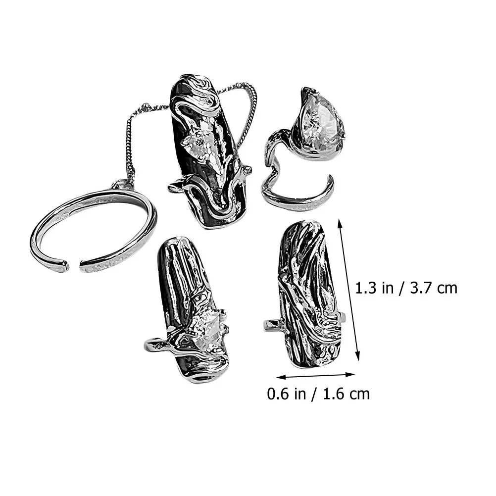 4Pcs Chic Alloy Nail Rings with Rhinestones Adjustable Finger Tip Rings for Women Nail Jewelry Decoration Festival Birthday Gift