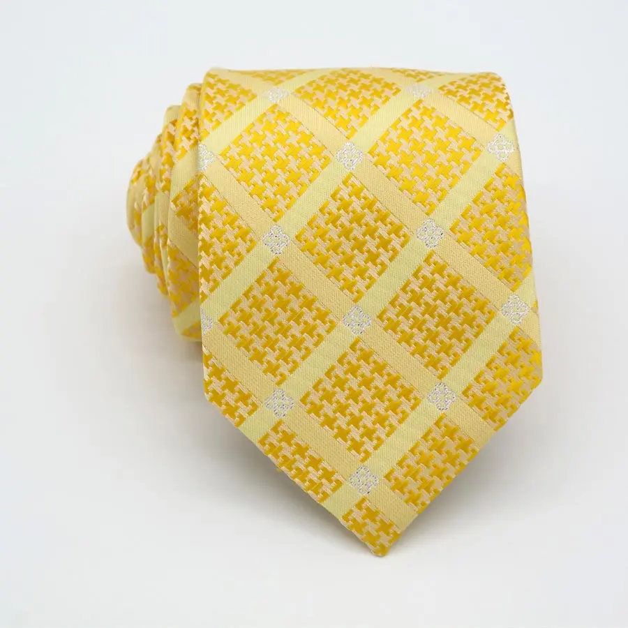 Newest Tie Set 8CM Mens Necktie Handkerchief Neck Ties Sets For Man Yellow Color Plaids Stripes Jacquard Cravat Business Party