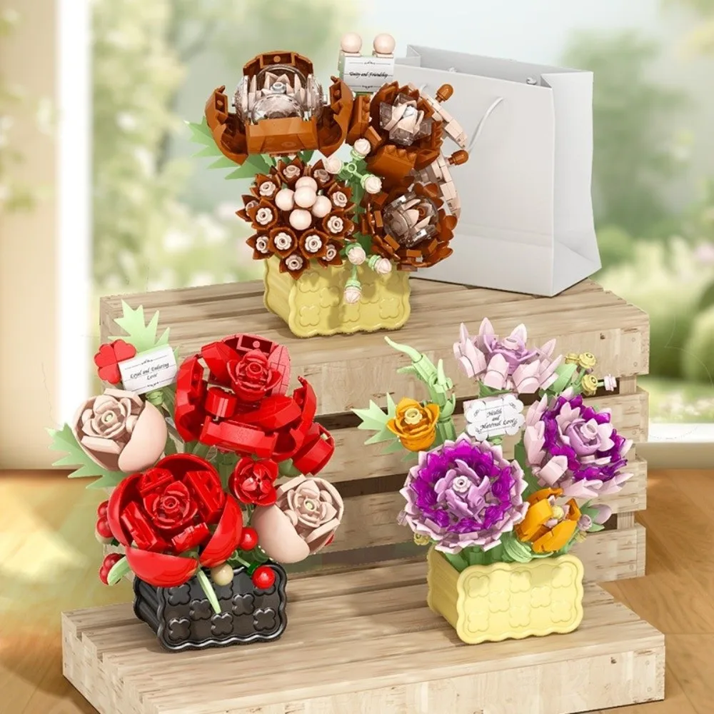 Creative Floral Shape Building Block Plastic Rose Carnation Jasmine Assemble Bricks Mini Particle Assembled Toy Desktop Ornament