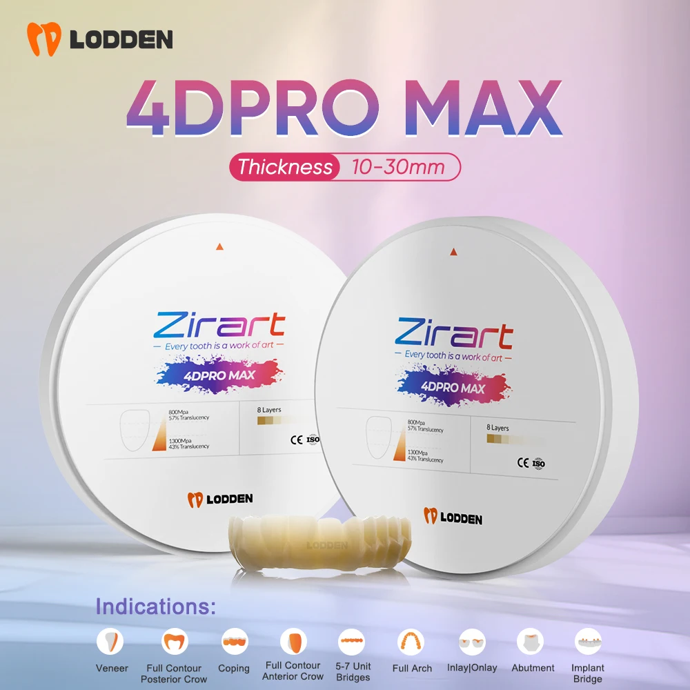 

LODDEN Zirconia 4D Pro Max Dental Lab Multilayer Blocks 8 Layers 98mm(12mm-30mm) for CAD CAM Nature Teeth Materials 1300MPa