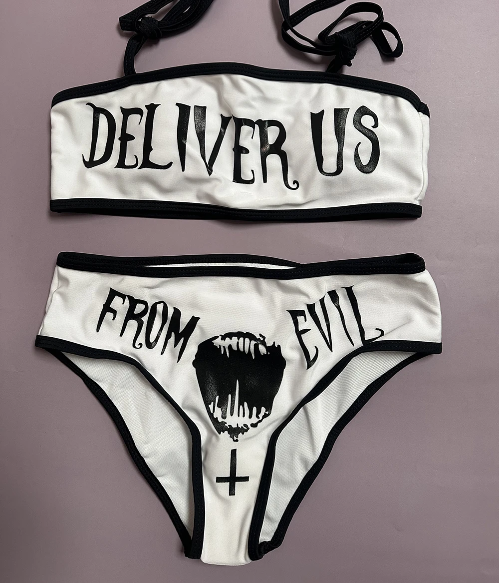 Sexy Goth Bikini 2023 Vrouwen Letters Skull Print Badpak Split Badpak Hoge Taille Gothic Bikini Sets Strandoutfits