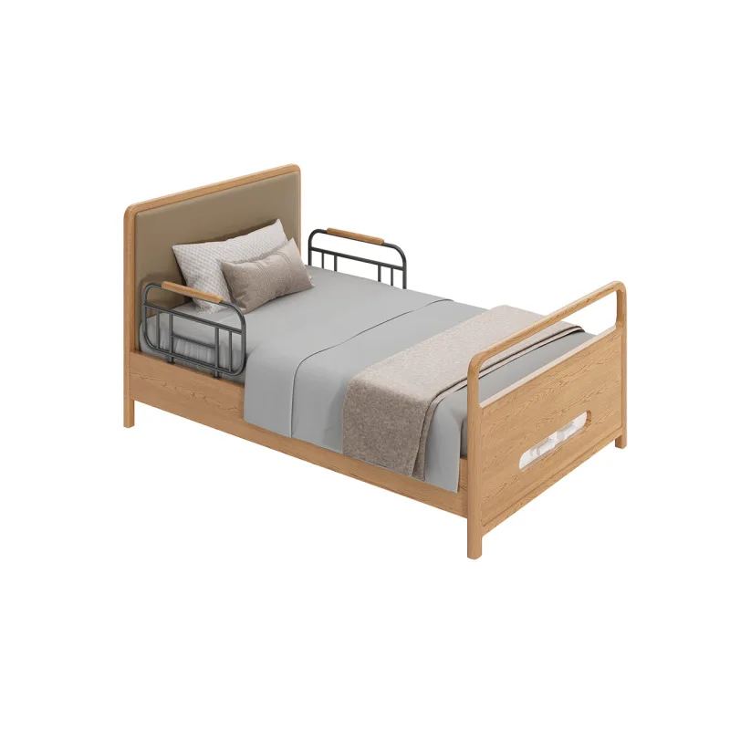 Solid wood bed with guardrail lifting multi-function electric self-care bedside table furniture senior-friendly smart home