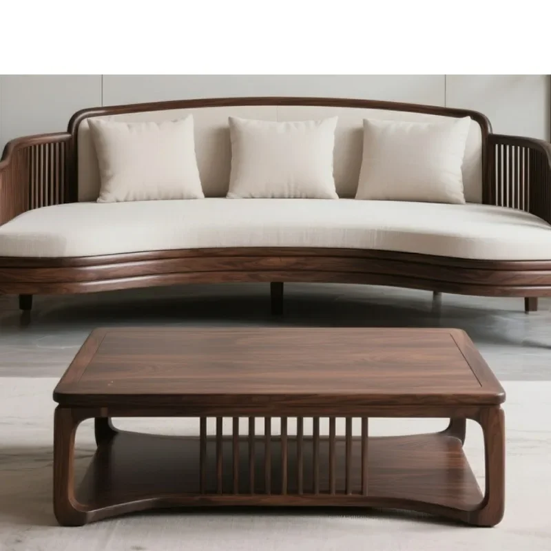 North American black walnut solid wood sofa new Chinese zen large flat floor living room straight row fabric sofa