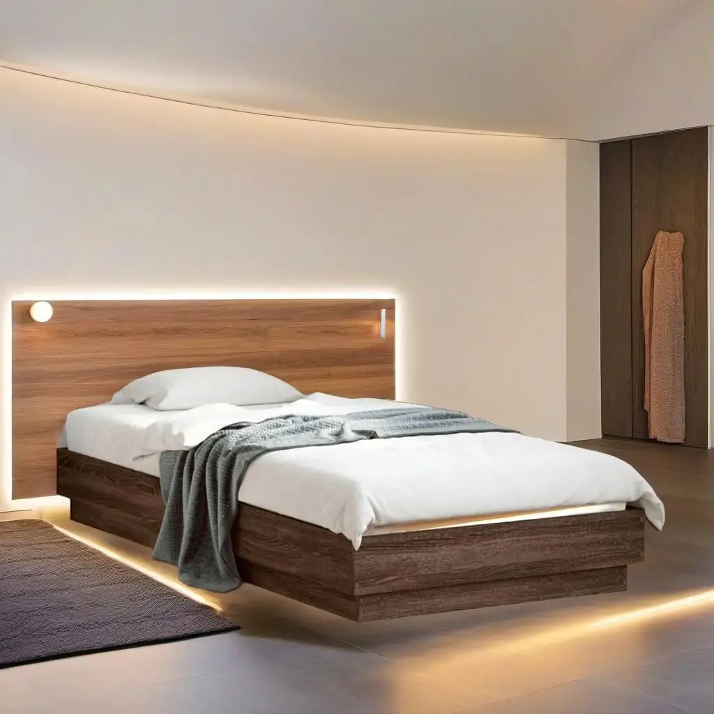 Brown Oak Single Bed Frame 90x190 cm with LED Lights - No Mattress Included