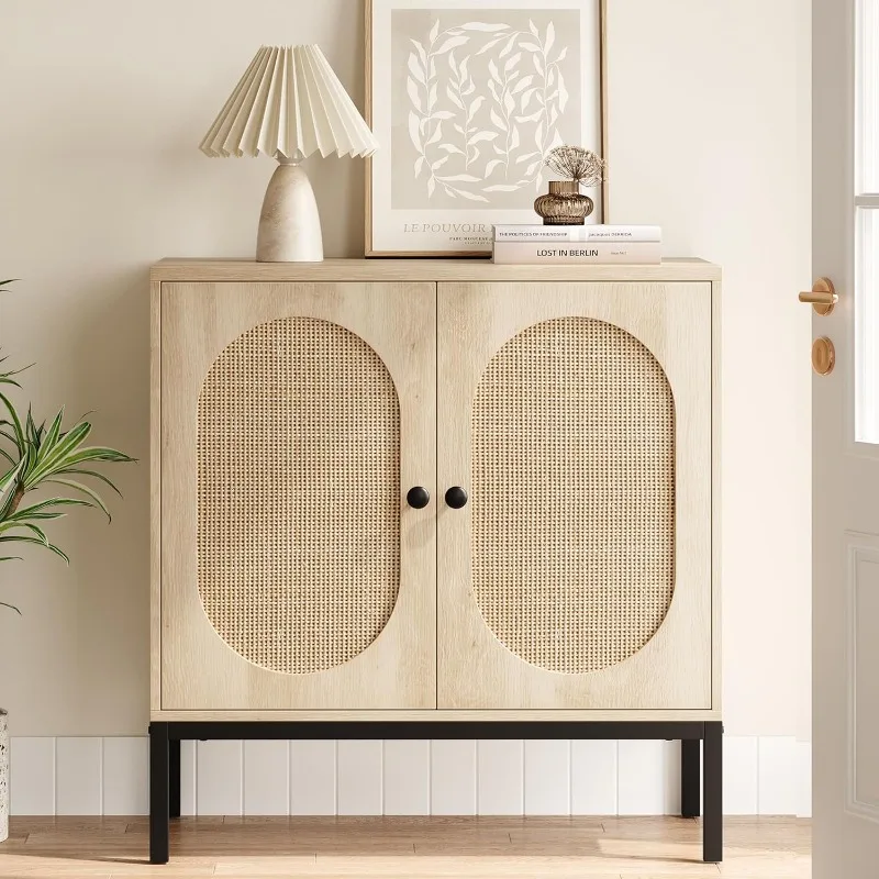 Buffet Cabinet Rattan Storage Cabinet with Doors and Shelves, Accent Cabinet Sideboard, Wood Consolewith Storage