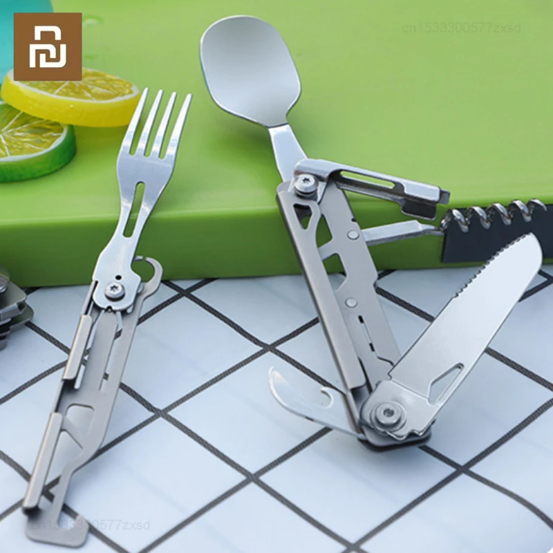 Youpin Portable Multifunctional Tableware Outdoor Camping Survival Spoon Fork Bottle Opener 6 in 1 Stainless Steel Manual Tools