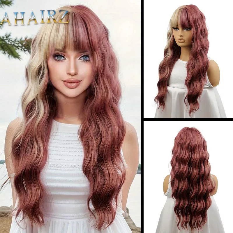 Synthetic Mixed Reddish Brown Wig Long Wave Wig with Bangs for Women Daily Cosplay Party Wig Fake Hair