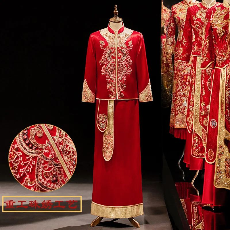 

Traditional Embroidery Groom Oriental Wedding Chinese Clothing Sets Robe Vestido Size S-2XL