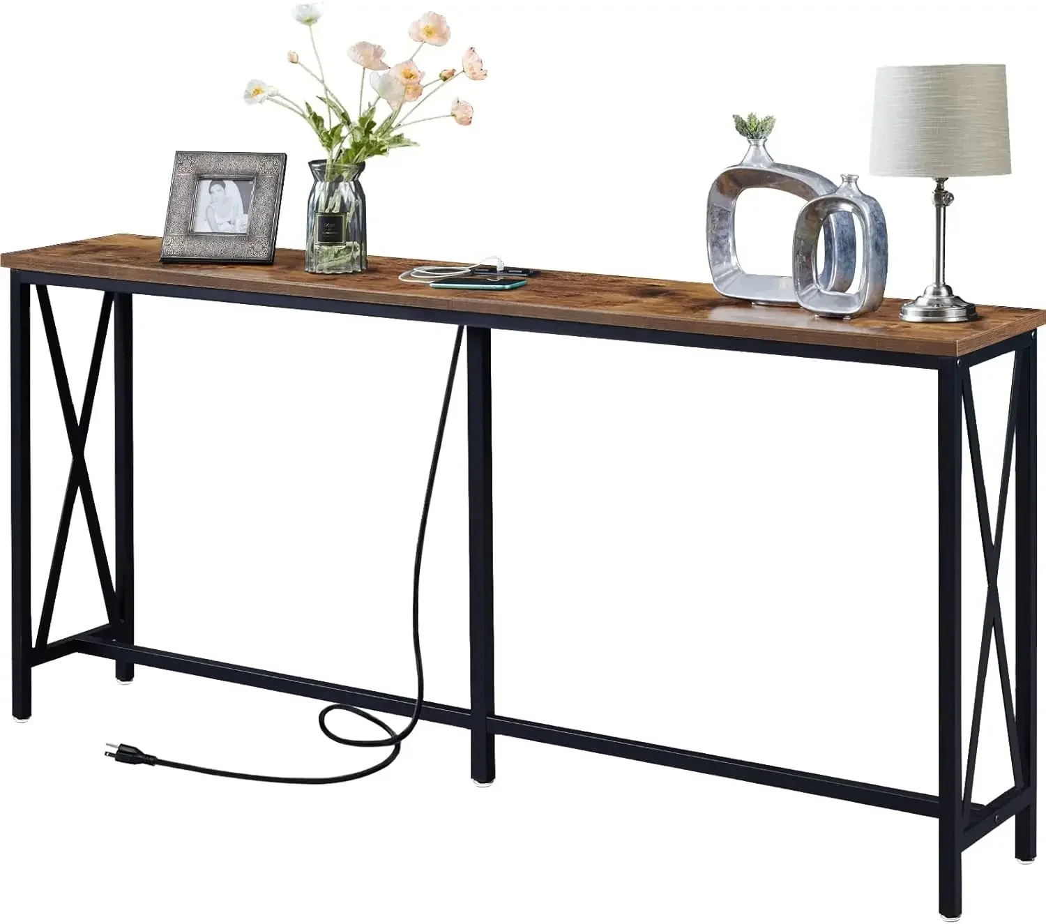 

70 Inch Console Table with Outlet, Extra Long Entryway Table with Metal Frame and X-Shaped Design, Narrow Sofa Table