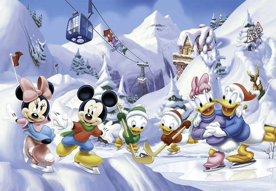 Mickey and Friends Christmas Backdrop Winter Snow Village Glitter Xmas Background Mickey Mouse for Kids Party Christmas Minnie