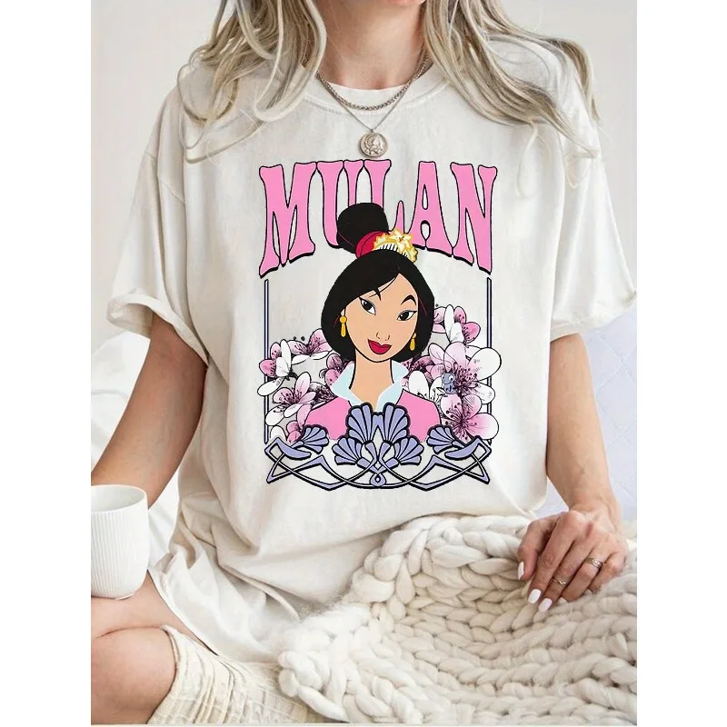 

Новинка 2025, классическая футболка с принтом Disney Mulan, дышащая хлопковая белая, черная женская свободная повседневная женская футболка с круглым вырезом