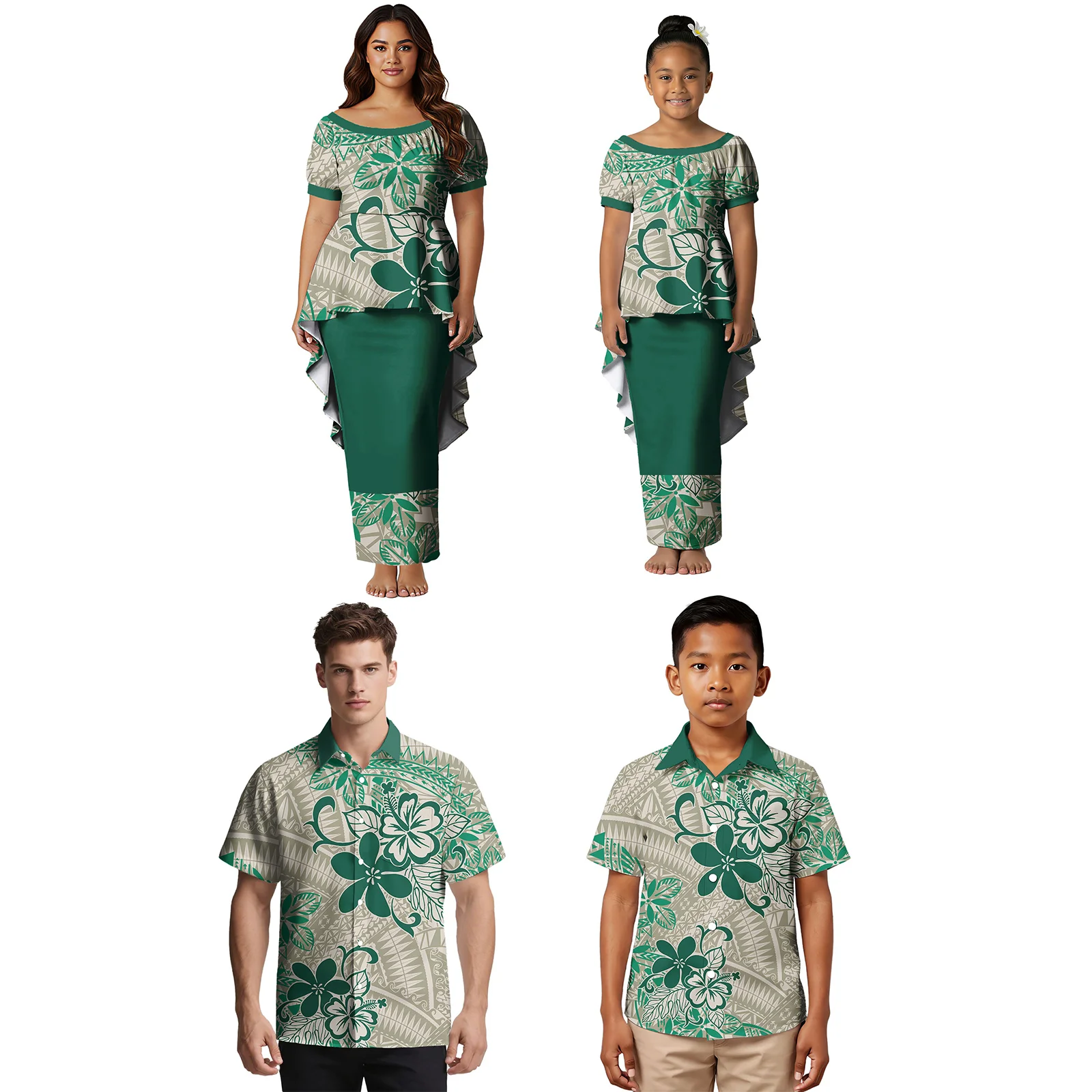 Family Parent-Child Outfit Custom Samoan Casual Mother Girl Puletasi Dress Polynesian Father Boy Shirt Hawaiian Print Family Set