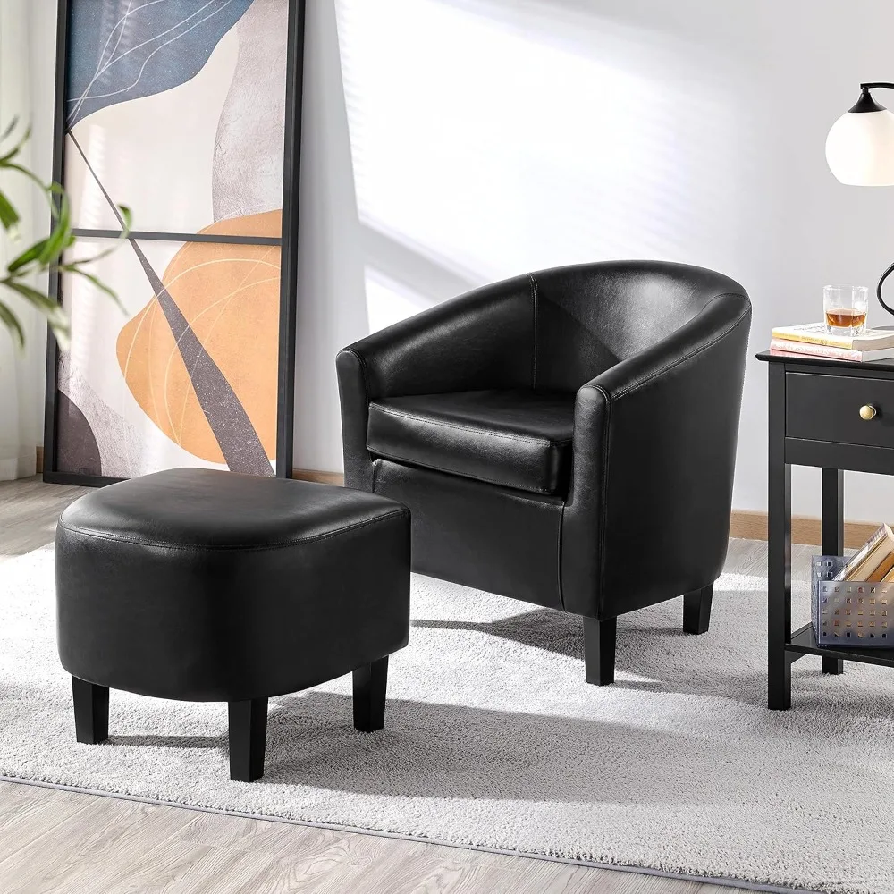 

Modern Faux Leather Upholstered Accent Chair w/Ottoman Set, Soft Barrel Chair and Footrest, Armchair & Footstool for Living Room