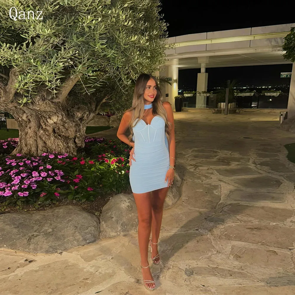 

Qanz Sky Blue Mini Birthday Sress Aweetheart Above Knee Prom Dresses Sexy Ribbons Robes De Cocktail Women Customized