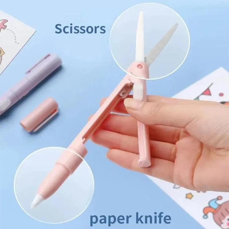 1pc Mini Portable Scissors Paper Cutter Knife 2 In 1 Multifunctional Pocket Pen Shape Scrapbooking Carving Cutting Art Tools