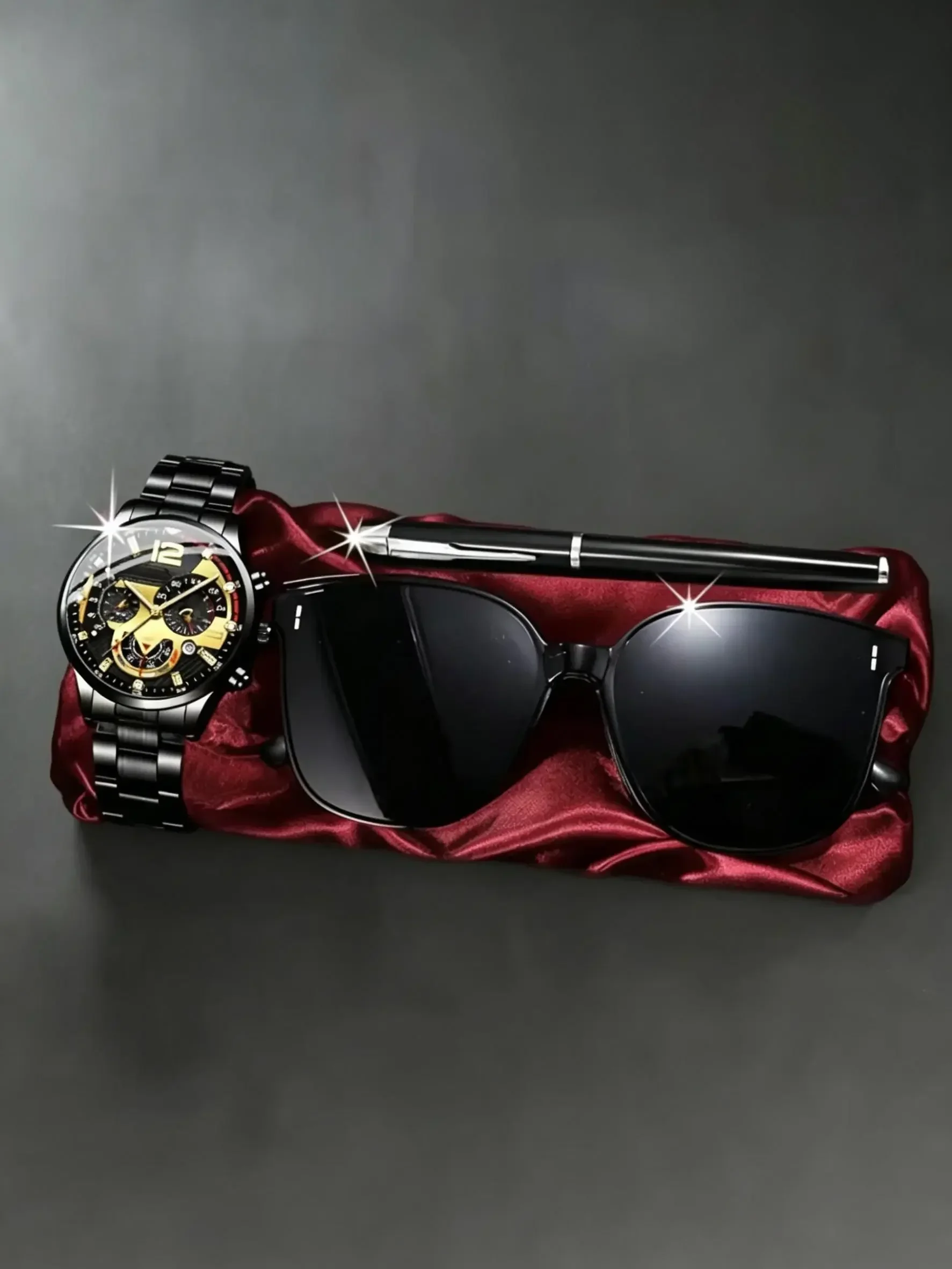 Fashion Men Gift Box Set Alloy Watch Polarized Sunglasses Metal Signature Pen, Business Present for Husband Boyfriend