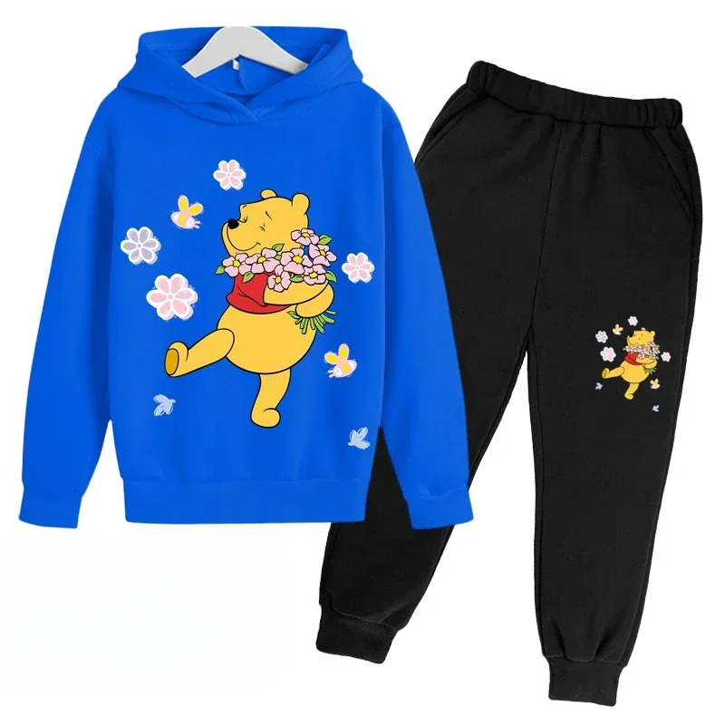 New Disney Winnie the Pooh Fashion Cartoon Printed Streetwear Boys Girls Long Sleeve Tops Pants Solid Color Set Kids Clothing