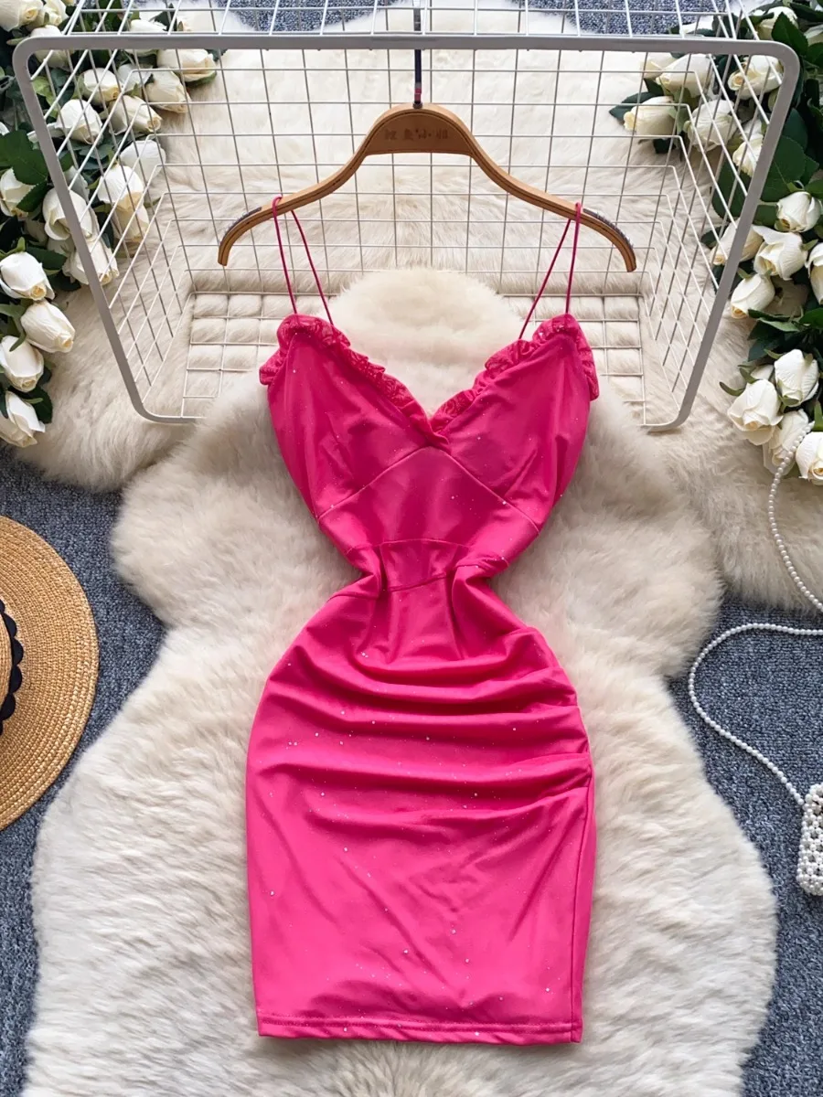 

Foamlina Lace Splicing Suspender Halter Dress Women 2025 Summer Sexy v-neck Tight Slim Bodycon Night Club Short Skirt Mini Dress