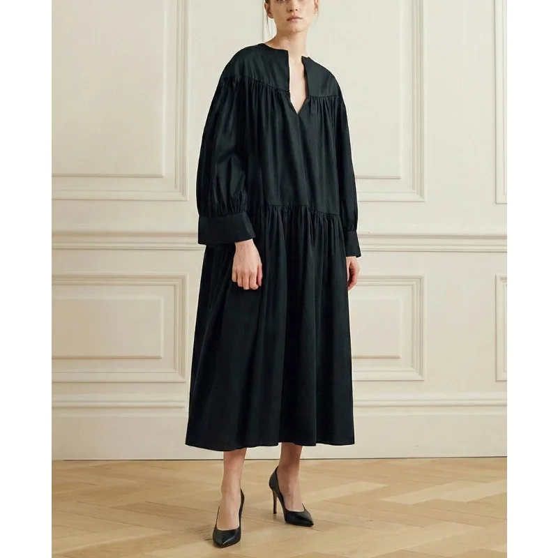 T fels minimalista preto com decote em v vestido feminino 2026 solto ajuste casual deslocamento manga longa em camadas hem diário max vestidos 198105