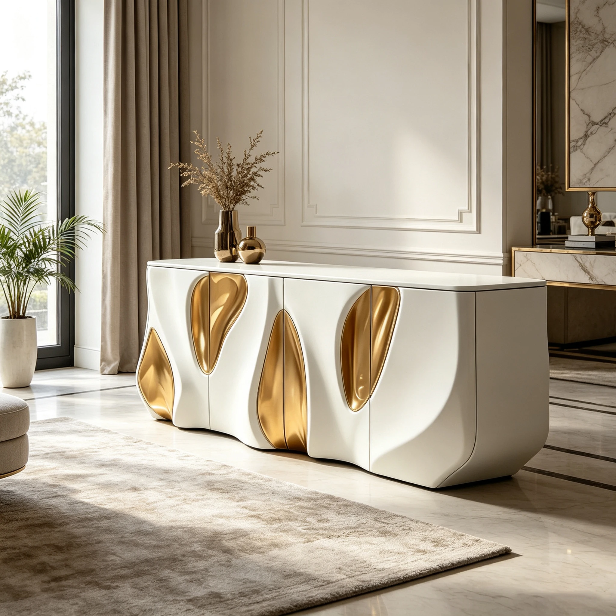 M*--4 Door White Fiberglass Storage Cabinet Fluid Wavy Shape Teardrop Gold Inlay for Luxury Villa Entryway Decor