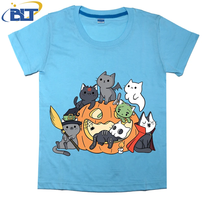 T-shirt d'Halloween à Manches Courtes en Coton pour Enfant, Vêtement Décontracté, Imprimé de Chatons, Adapté aux Garçons et aux Bol, Collection d'Été